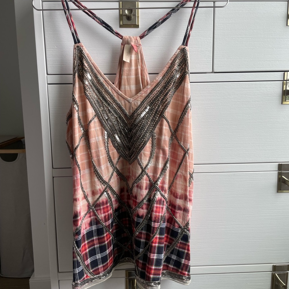 Pink and Blue Plaid Sequin Tank Top